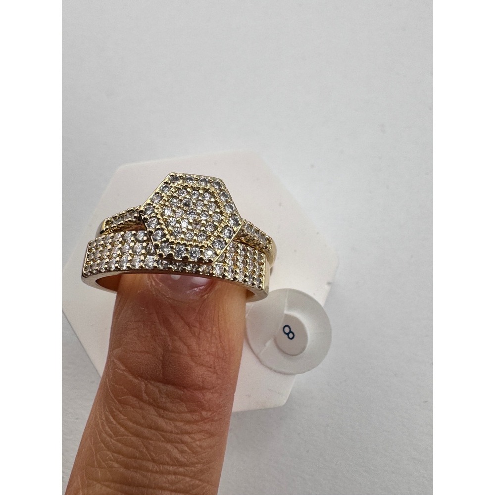 New 14K Gold Plated Hexagon Pavé Cubic Zirconia Bridal Wedding Ring Set Size 8